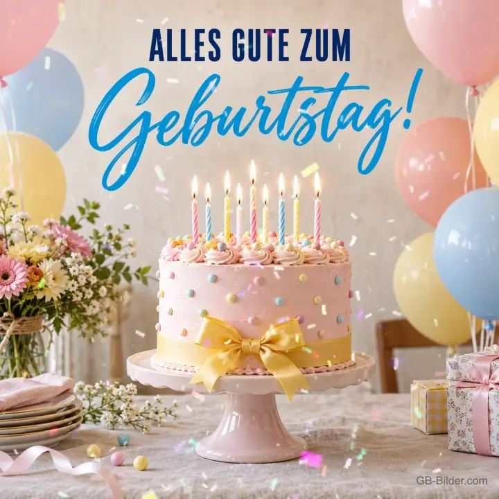 Rosa Geburtstagstorte mit Kerzen zwischen Luftballons, Text: ALLES GUTE ZUM Geburtstag!