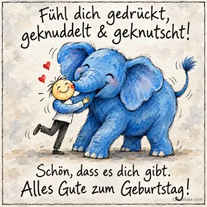 Kind umarmt einen blauen Elefanten, der es mit dem Rüssel drückt, Text: Fühl dich gedrückt, geknuddelt & geknutscht! Schön, dass es dich gibt. Alles Gute zum Geburtstag!