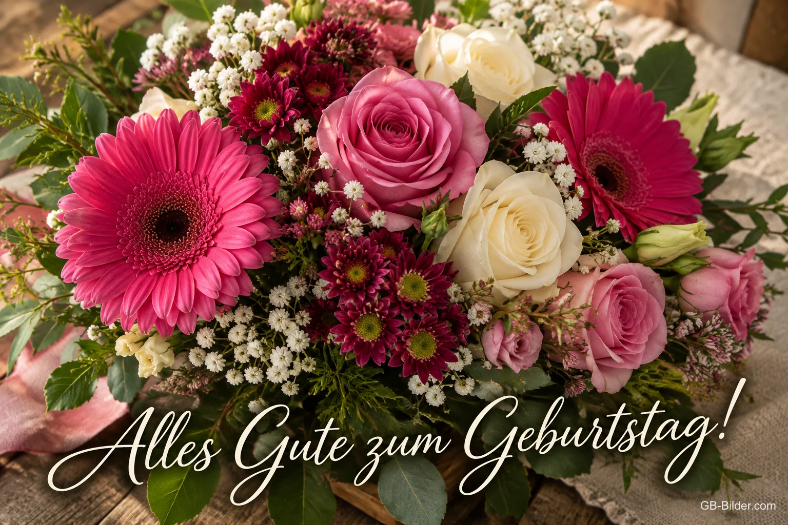 Strauß aus Gerbera, Rosen und Schleierkraut, Text: Alles Gute zum Geburtstag!