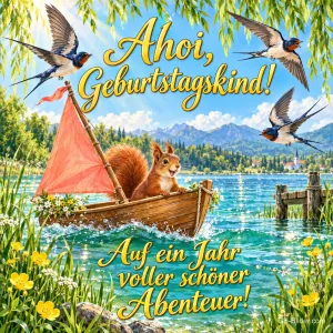 Eichhörnchen segelt auf einem Bergsee, Schwalben fliegen, Text: Ahoi, Geburtstagskind! Auf ein Jahr voller schöner Abenteuer!