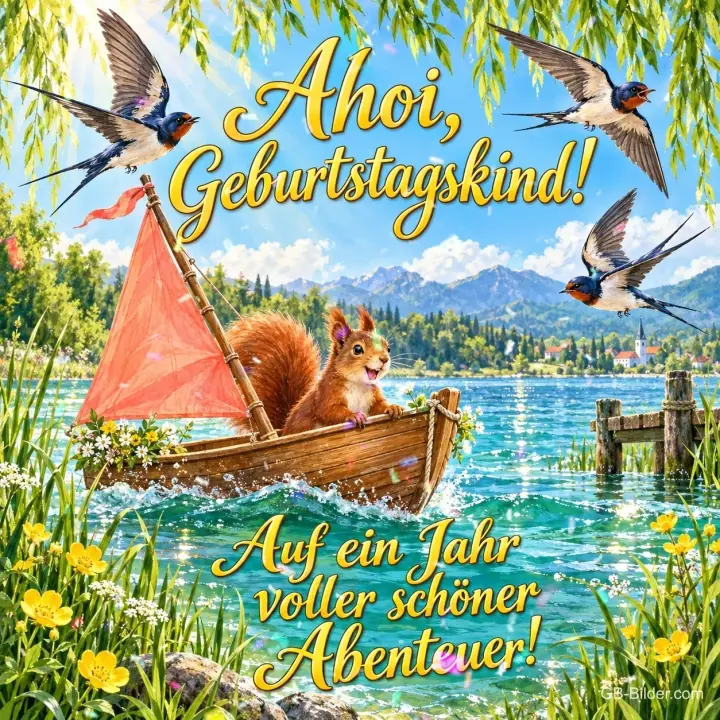 Eichhörnchen segelt auf einem Bergsee, Schwalben fliegen, Text: Ahoi, Geburtstagskind! Auf ein Jahr voller schöner Abenteuer!