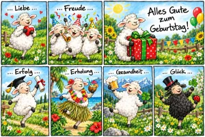 Sieben Bilder mit fröhlichen Schafen für Liebe, Freude, Erfolg, Erholung, Gesundheit und Glück, Text: … Liebe … Freude … Erfolg … Erholung … Gesundheit … Glück … Alles Gute zum Geburtstag!