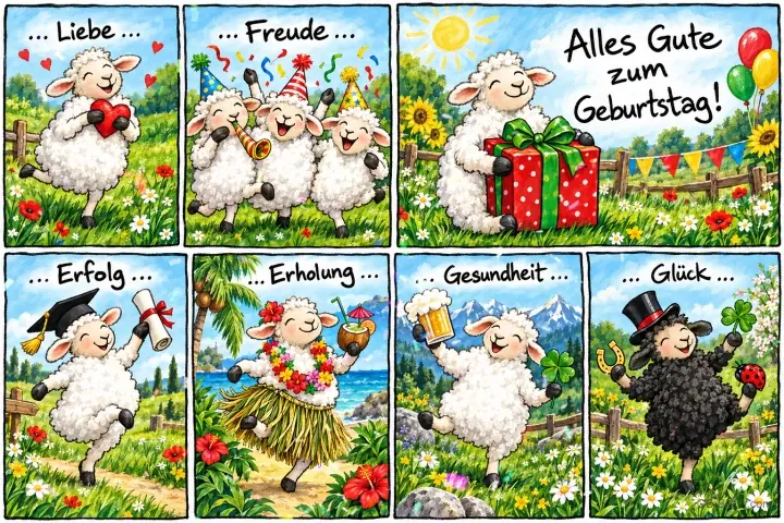 Sieben Bilder mit fröhlichen Schafen für Liebe, Freude, Erfolg, Erholung, Gesundheit und Glück, Text: … Liebe … Freude … Erfolg … Erholung … Gesundheit … Glück … Alles Gute zum Geburtstag! Sieben Bilder mit fröhlichen Schafen für Liebe, Freude, Erfolg, Erholung, Gesundheit und Glück, Text: … Liebe … Freude … Erfolg … Erholung … Gesundheit … Glück … Alles Gute zum Geburtstag!