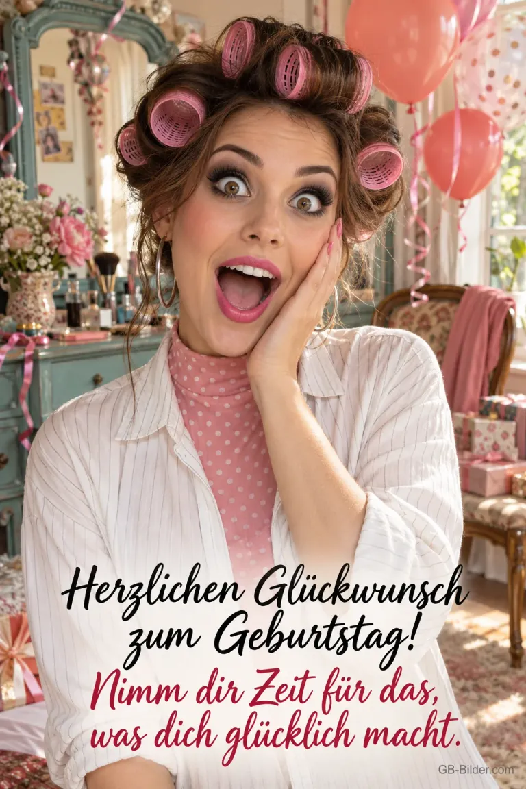 Frau mit Lockenwicklern hält sich staunend die Wange vor einem Schminktisch, Text: Herzlichen Glückwunsch zum Geburtstag! Nimm dir Zeit für das, was dich glücklich macht.