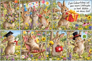 Sieben Bilder mit fröhlichen Hasen beim Feiern, Erholen und mit Geschenk, Text: Zum Geburtstag soll dein neues Lebensjahr so bunt blühen wie dieses Feld!