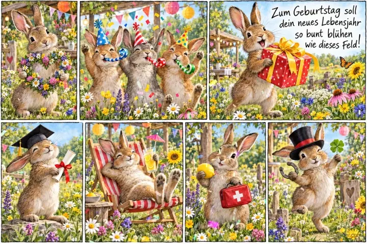 Sieben Bilder mit fröhlichen Hasen beim Feiern, Erholen und mit Geschenk, Text: Zum Geburtstag soll dein neues Lebensjahr so bunt blühen wie dieses Feld! Sieben Bilder mit fröhlichen Hasen beim Feiern, Erholen und mit Geschenk, Text: Zum Geburtstag soll dein neues Lebensjahr so bunt blühen wie dieses Feld!