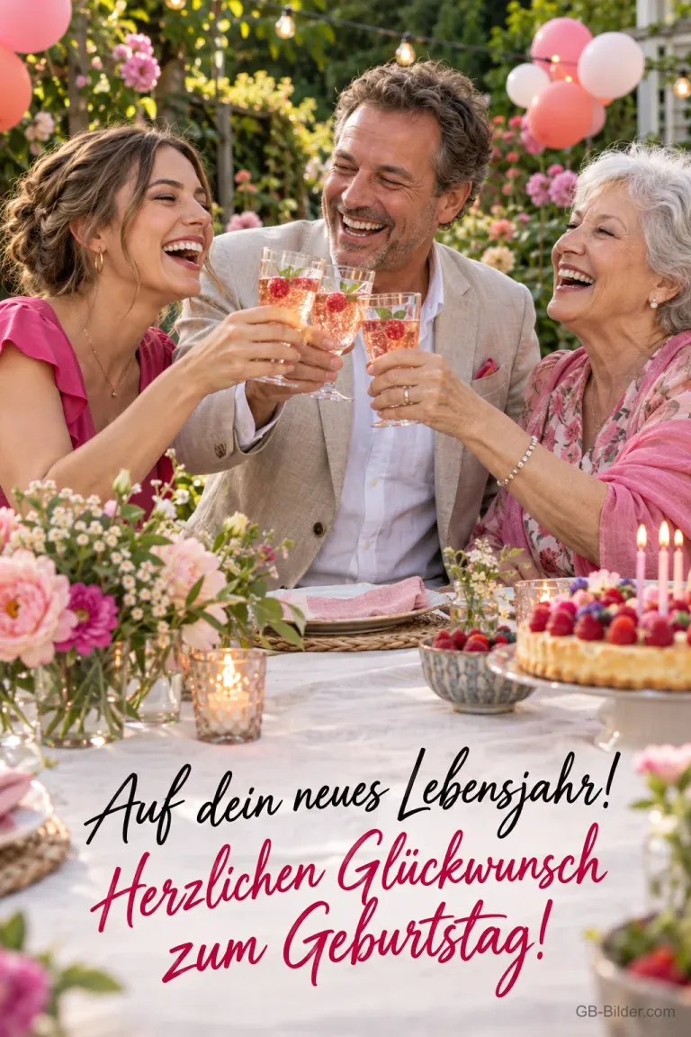 Drei lachende Freunde stoßen auf einer Gartenparty mit Torte und Luftballons an, Text: Auf dein neues Lebensjahr! Herzlichen Glückwunsch zum Geburtstag!