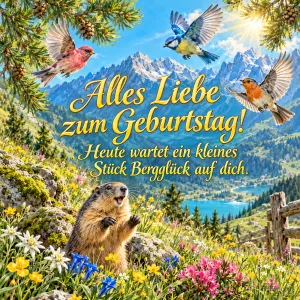 Murmeltier steht in einer Bergwiese, Vögel fliegen über einen Bergsee, Text: Alles Liebe zum Geburtstag! Heute wartet ein kleines Stück Bergglück auf dich.