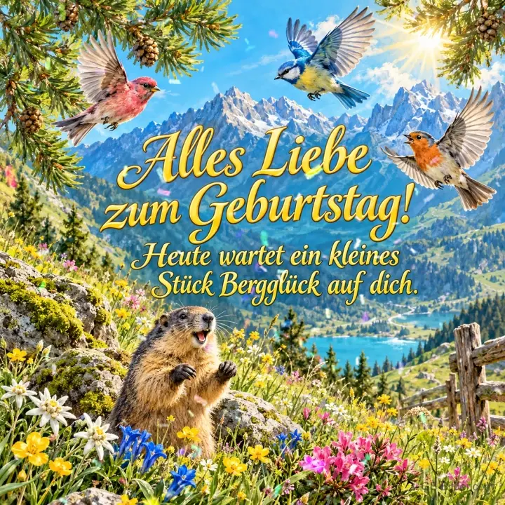 Murmeltier steht in einer Bergwiese, Vögel fliegen über einen Bergsee, Text: Alles Liebe zum Geburtstag! Heute wartet ein kleines Stück Bergglück auf dich. Murmeltier steht in einer Bergwiese, Vögel fliegen über einen Bergsee, Text: Alles Liebe zum Geburtstag! Heute wartet ein kleines Stück Bergglück auf dich.
