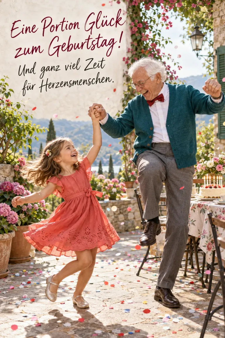 Großvater mit Fliege tanzt mit seiner Enkelin auf einer Blumenterrasse, Text: Eine Portion Glück zum Geburtstag! Und ganz viel Zeit für Herzensmenschen.