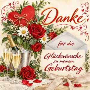 Rote Rosen, Sektkübel und Briefumschlag mit Herz, Text: Danke für die Glückwünsche zu meinem Geburtstag