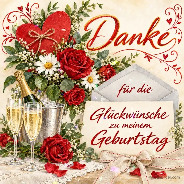 Rote Rosen, Sektkübel und Briefumschlag mit Herz, Text: Danke für die Glückwünsche zu meinem Geburtstag