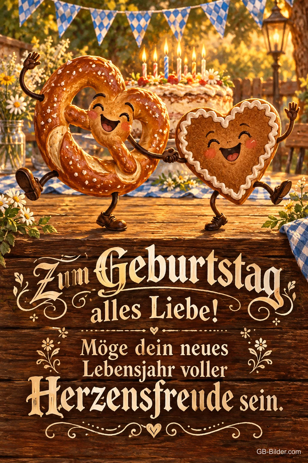 Brezel und Lebkuchenherz tanzen vor einer Geburtstagstorte im Biergarten, Text: Zum Geburtstag alles Liebe! Möge dein neues Lebensjahr voller Herzensfreude sein.