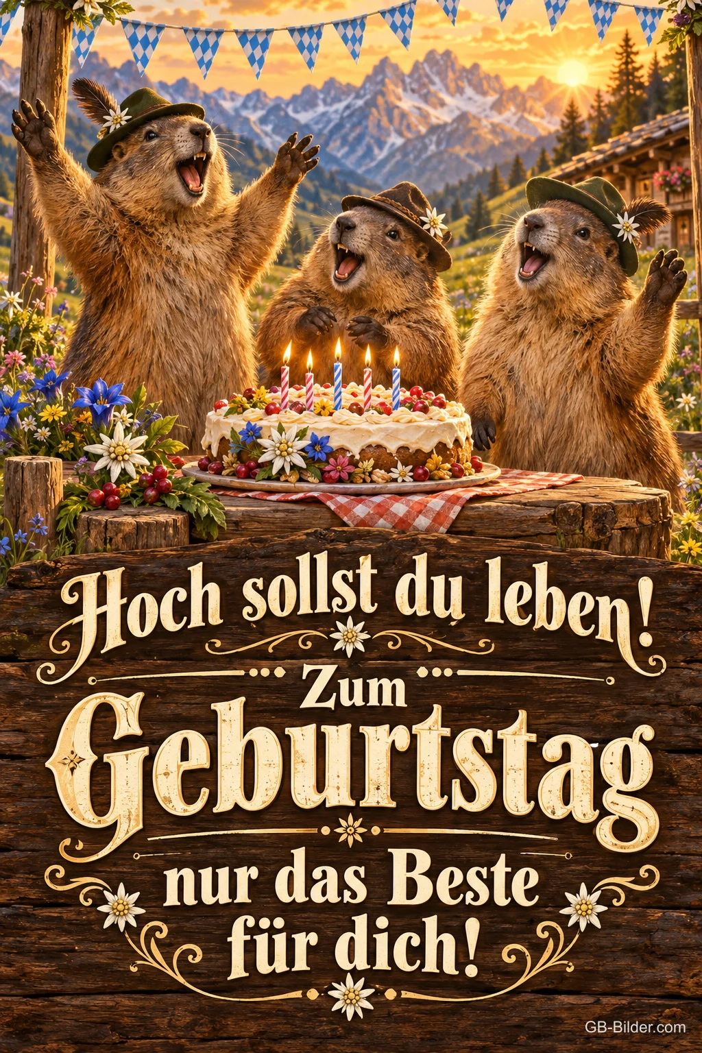 Drei Murmeltiere mit Trachtenhüten singen vor einer Torte auf der Alm, Text: Hoch sollst du leben! Zum Geburtstag nur das Beste für dich!