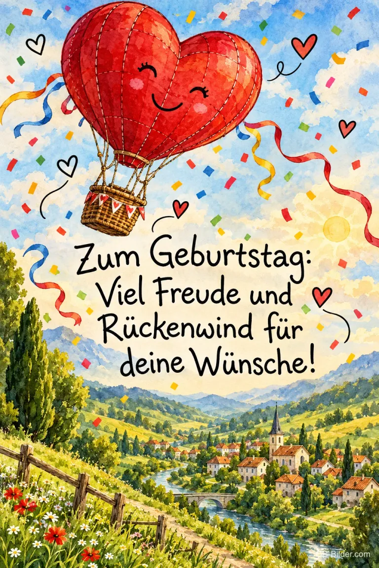 Lachender Herz-Heißluftballon schwebt mit Konfetti über ein Tal mit Dorf, Text: Zum Geburtstag: Viel Freude und Rückenwind für deine Wünsche!
