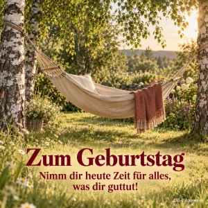 Hängematte zwischen Birken, Text: Zum Geburtstag