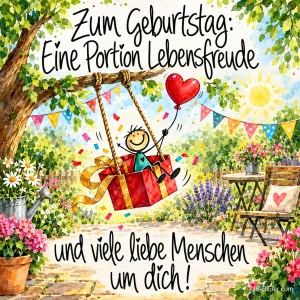 Strichmännchen schaukelt im Geschenkkarton unter Wimpeln im Garten, Text: Zum Geburtstag: Eine Portion Lebensfreude und viele liebe Menschen um dich!