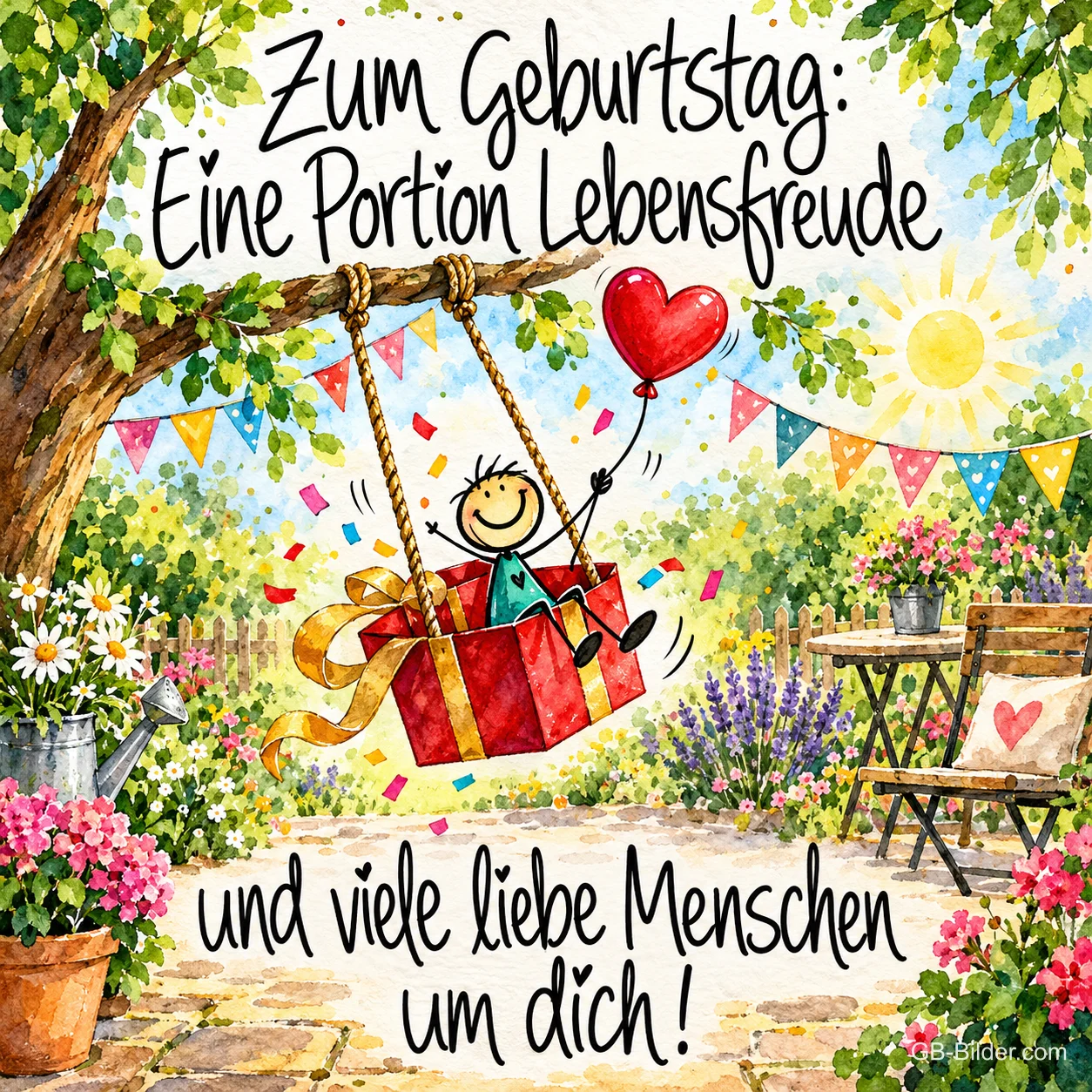 Strichmännchen schaukelt im Geschenkkarton unter Wimpeln im Garten, Text: Zum Geburtstag: Eine Portion Lebensfreude und viele liebe Menschen um dich!