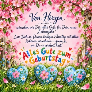 Kirschblütenrahmen mit bunten Buchstaben und blauen Blumenherzen, Text: Von Herzen wünschen wir Dir alles Gute für Dein neues Lebensjahr! Lass Dich an Deinem heutigen Ehrentag mit allem Schönen verwöhnen – genau so, wie Du es verdient hast! Alles Gute zum Geburtstag