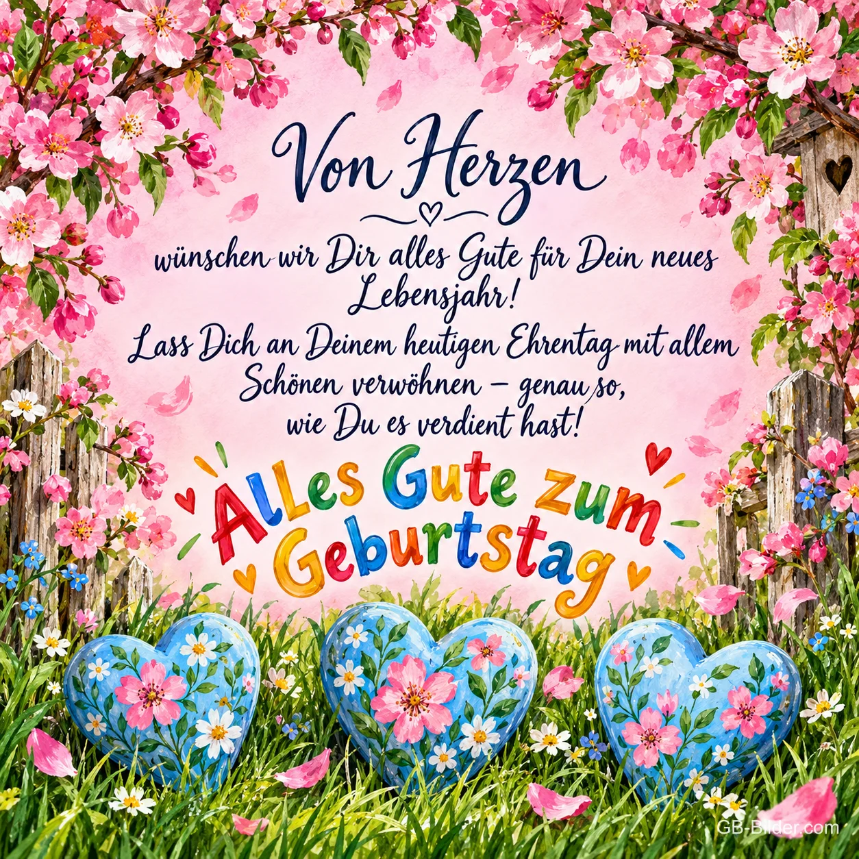 Kirschblütenrahmen mit bunten Buchstaben und blauen Blumenherzen, Text: Von Herzen wünschen wir Dir alles Gute für Dein neues Lebensjahr! Lass Dich an Deinem heutigen Ehrentag mit allem Schönen verwöhnen – genau so, wie Du es verdient hast! Alles Gute zum Geburtstag