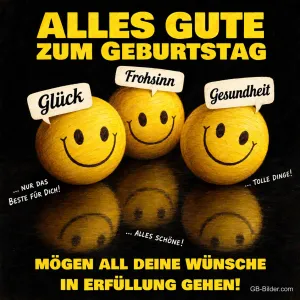 Drei gelbe lächelnde Bälle mit Schildern, Text: ALLES GUTE ZUM GEBURTSTAG – Glück, Frohsinn, Gesundheit – MÖGEN ALL DEINE WÜNSCHE IN ERFÜLLUNG GEHEN!