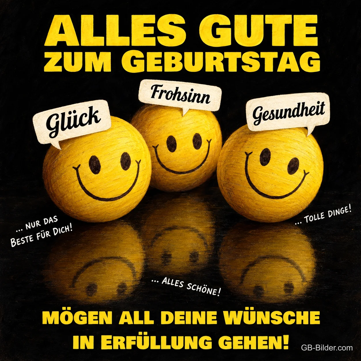 Drei gelbe lächelnde Bälle mit Schildern, Text: ALLES GUTE ZUM GEBURTSTAG – Glück, Frohsinn, Gesundheit – MÖGEN ALL DEINE WÜNSCHE IN ERFÜLLUNG GEHEN!