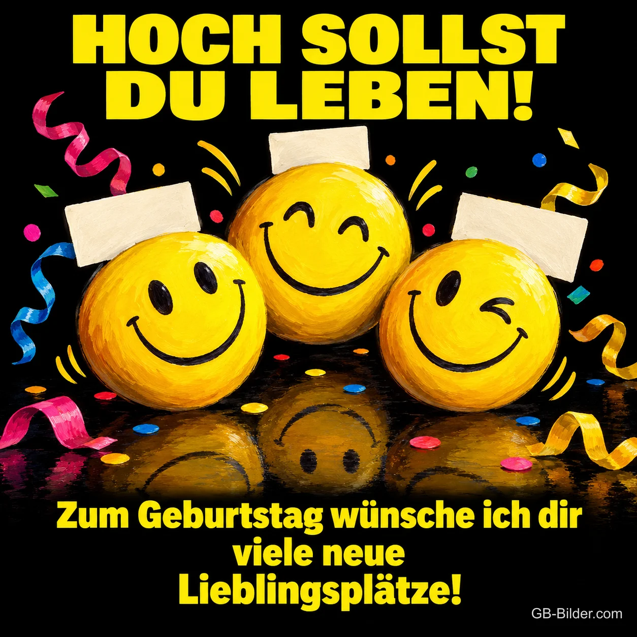 Drei lachende Smileys mit Schildern zwischen Luftschlangen und Konfetti, Text: HOCH SOLLST DU LEBEN! Zum Geburtstag wünsche ich dir viele neue Lieblingsplätze!
