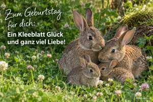 Hasenfamilie im Klee, Text: Zum Geburtstag für dich