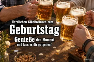 Mehrere Hände stoßen mit Bierkrügen an, Text: Herzlichen Glückwunsch zum Geburtstag – Genieße den Moment und lass es dir gutgehen!