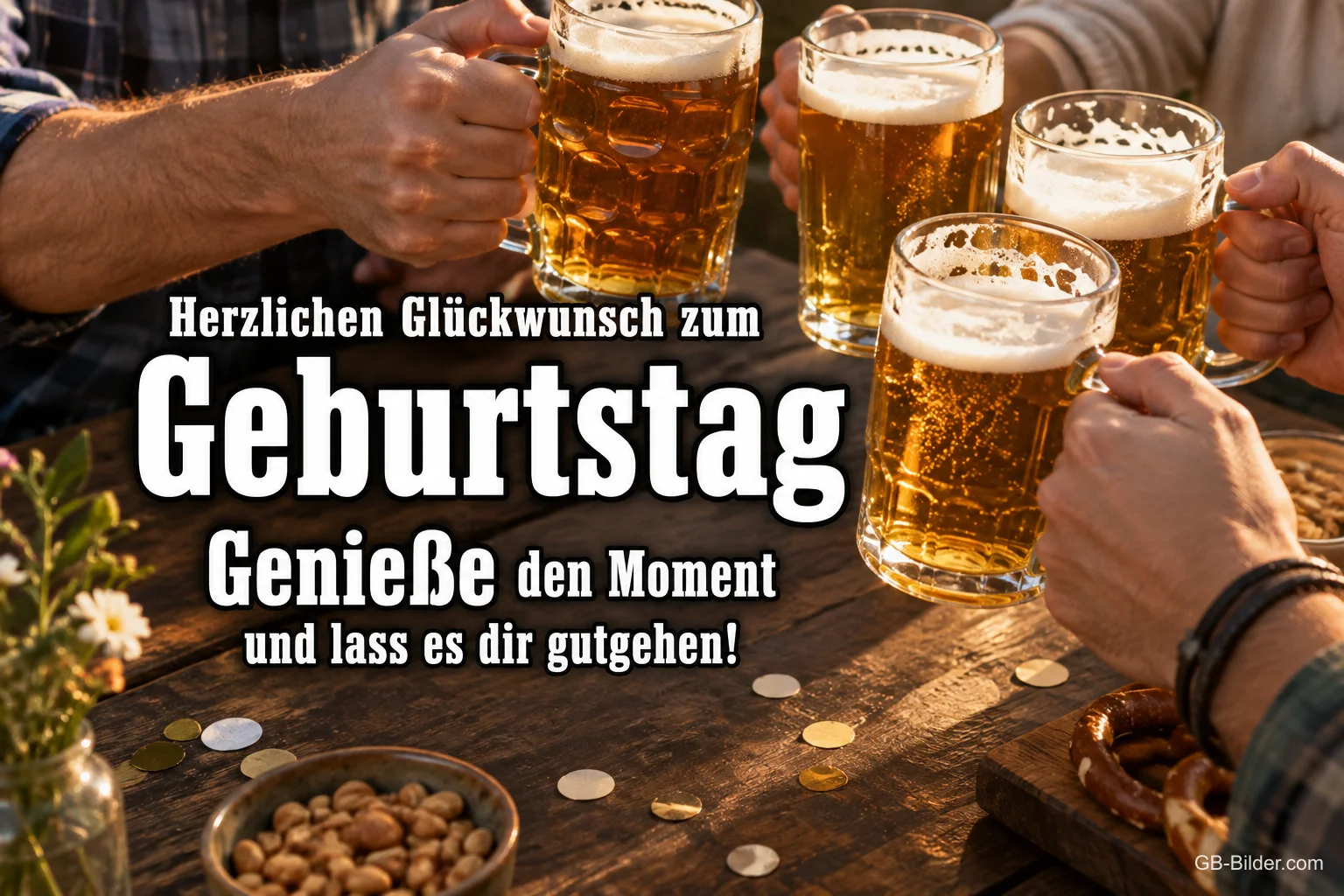 Mehrere Hände stoßen mit Bierkrügen an, Text: Herzlichen Glückwunsch zum Geburtstag – Genieße den Moment und lass es dir gutgehen!