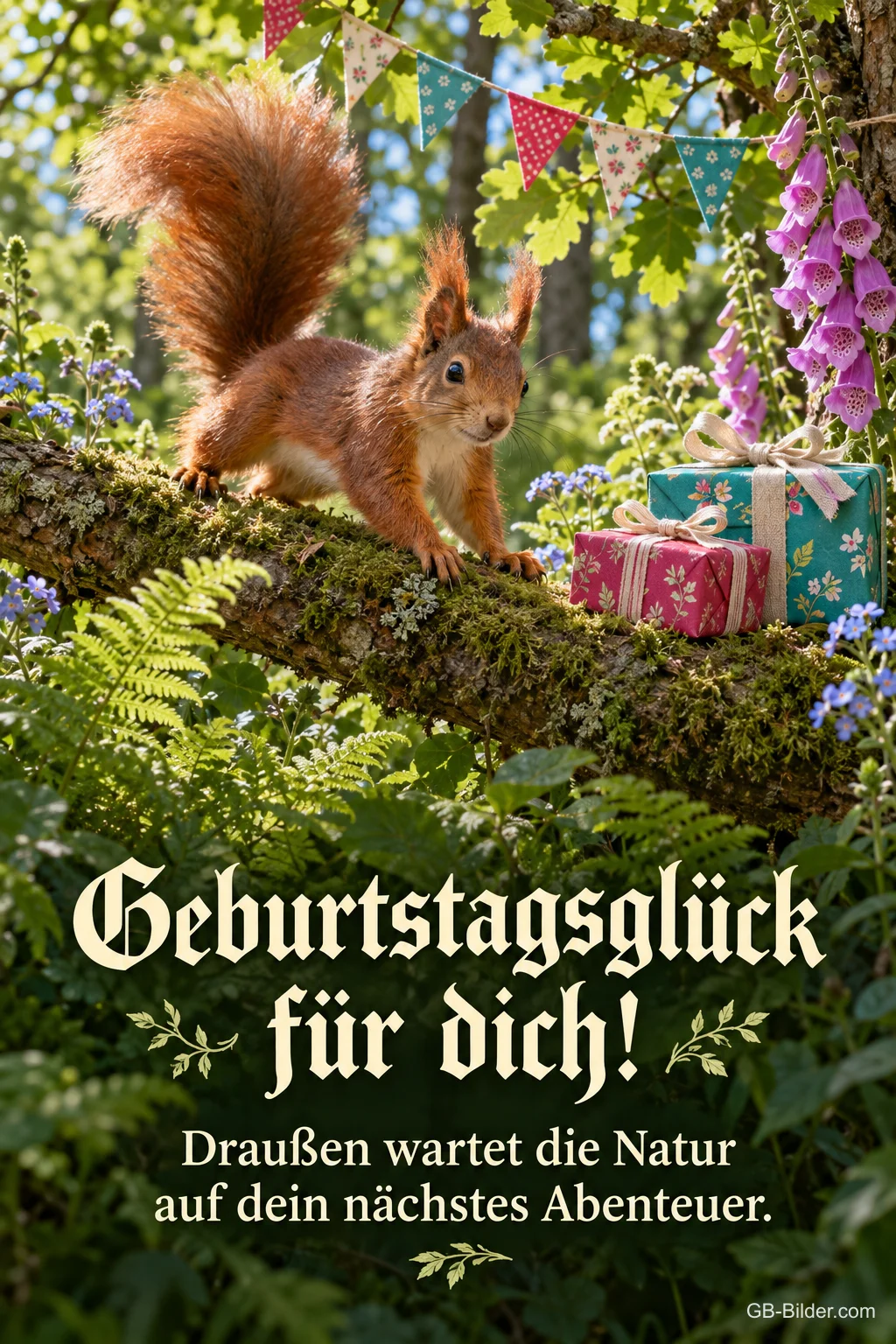 Eichhörnchen auf einem Ast neben Geschenken unter Wimpeln, Text: Geburtstagsglück für dich! – Draußen wartet die Natur auf dein nächstes Abenteuer.