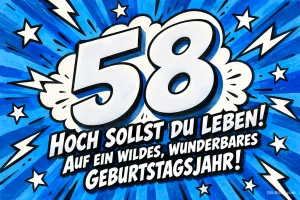 Große Zahl 58 in einer Comic-Explosion mit Sternen und Blitzen, Text: Hoch sollst du leben! Auf ein wildes, wunderbares Geburtstagsjahr!