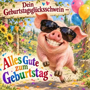 Grinsendes Schwein mit Sonnenbrille springt durch Konfetti und Luftballons, Text: Dein Geburtstagsglücksschwein – Alles Gute zum Geburtstag