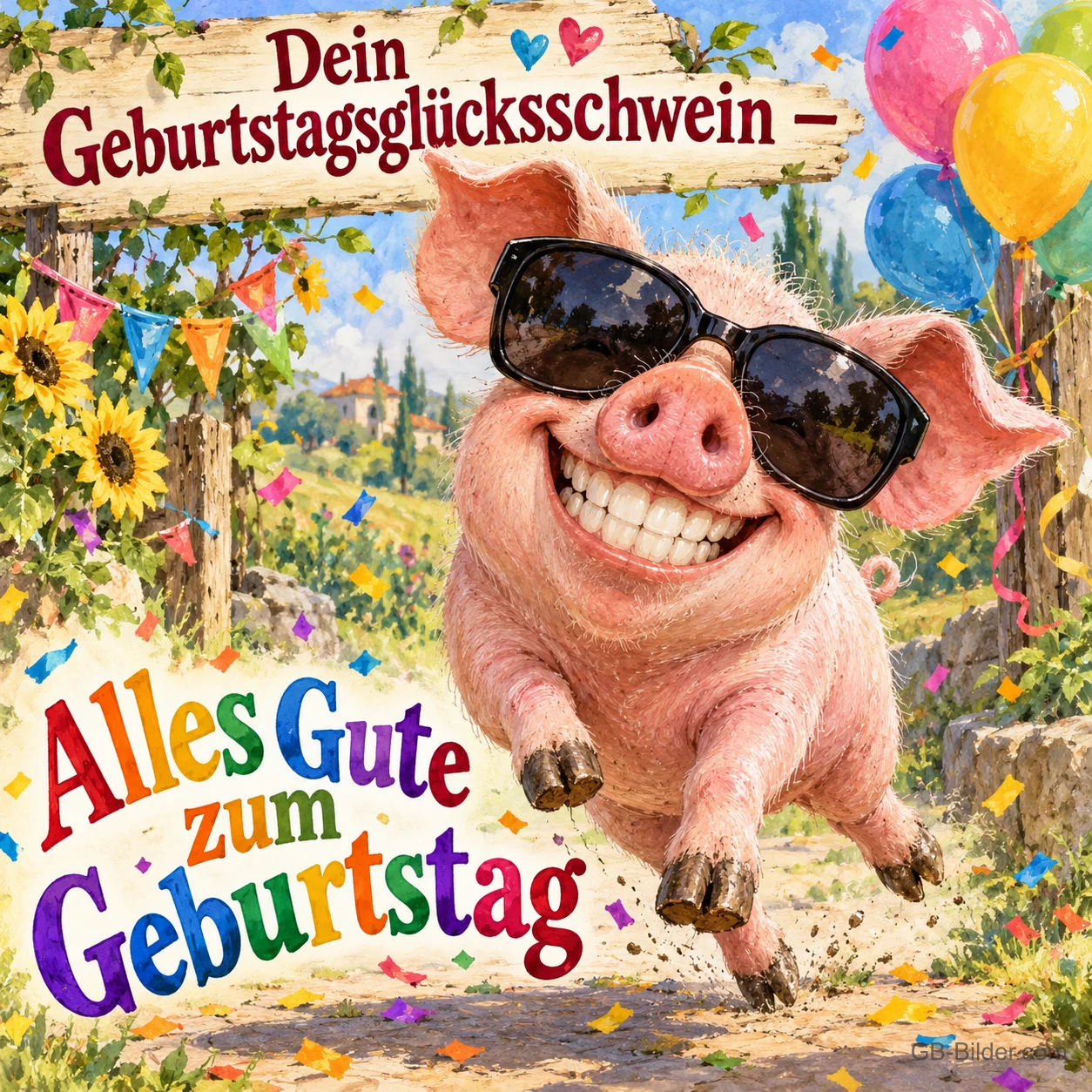 Grinsendes Schwein mit Sonnenbrille springt durch Konfetti und Luftballons, Text: Dein Geburtstagsglücksschwein – Alles Gute zum Geburtstag