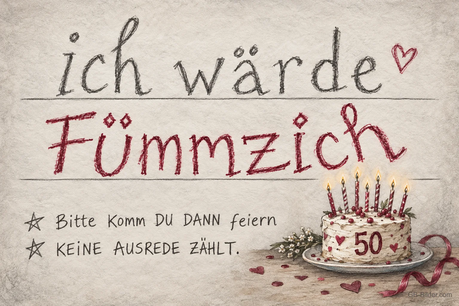 Handgeschriebene Schrift neben einer Torte mit der Zahl 50, Text: ich wärde Fümmzich – Bitte komm DU DANN feiern – KEINE AUSREDE ZÄHLT.