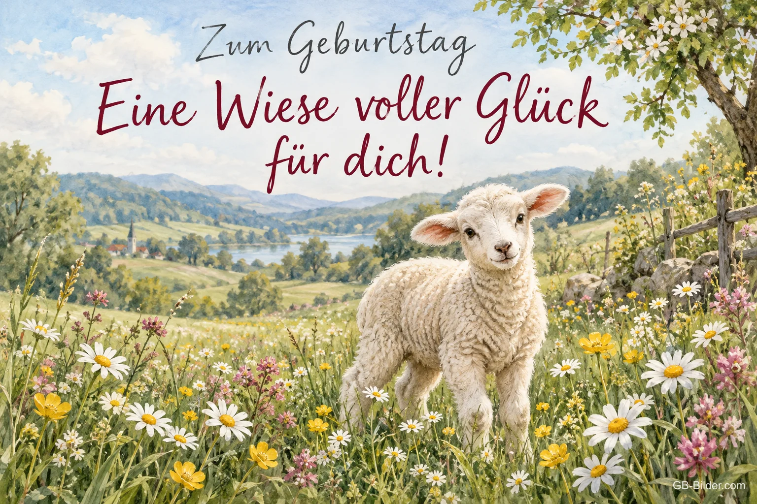 Lamm in der Blumenwiese, Text: Zum Geburtstag