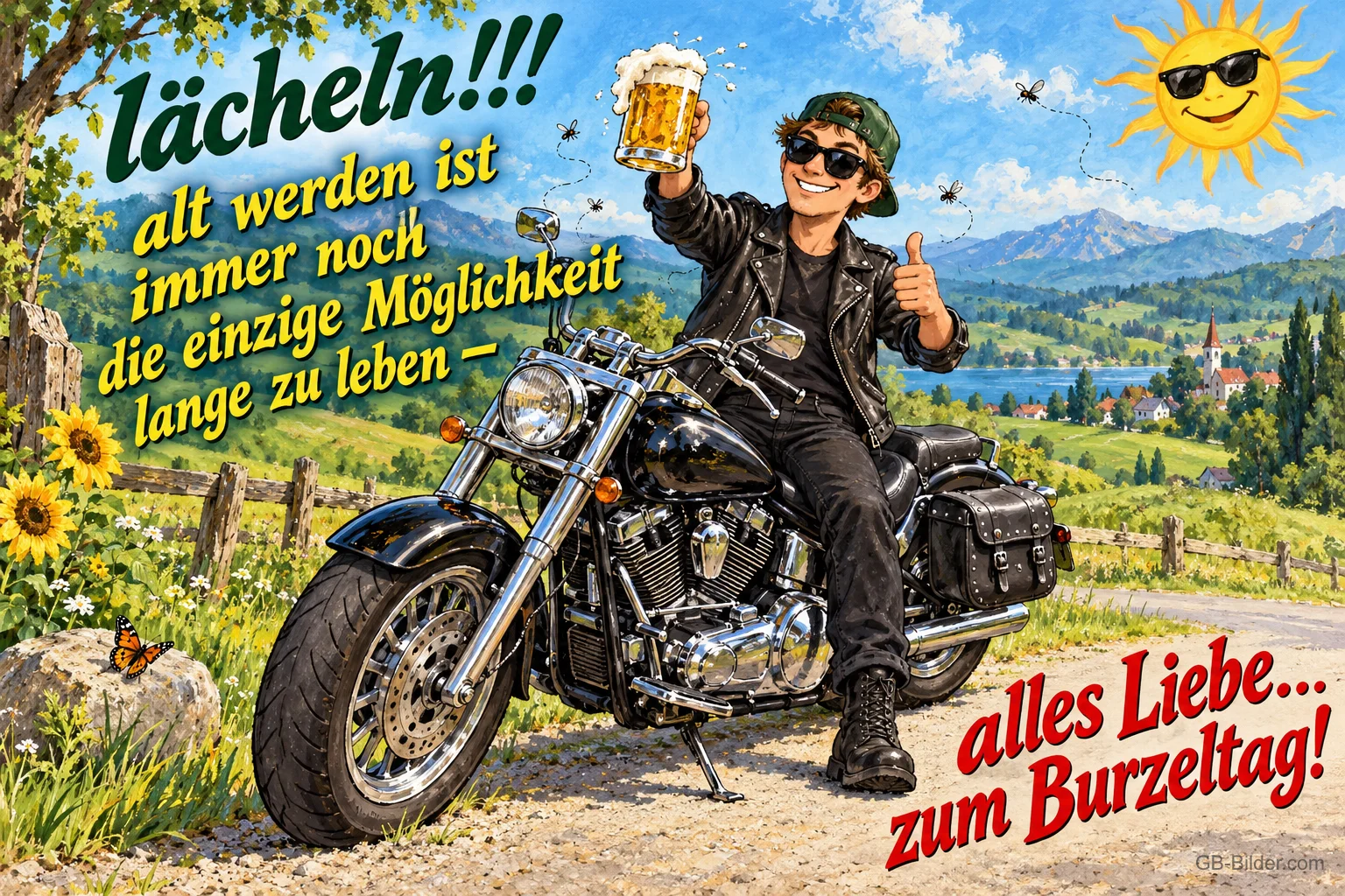 Lachender Motorradfahrer hebt einen Bierkrug auf einer Landstraße, Text: lächeln!!! alt werden ist immer noch die einzige Möglichkeit lange zu leben – alles Liebe… zum Burzeltag! Lachender Motorradfahrer hebt einen Bierkrug auf einer Landstraße, Text: lächeln!!! alt werden ist immer noch die einzige Möglichkeit lange zu leben – alles Liebe… zum Burzeltag!