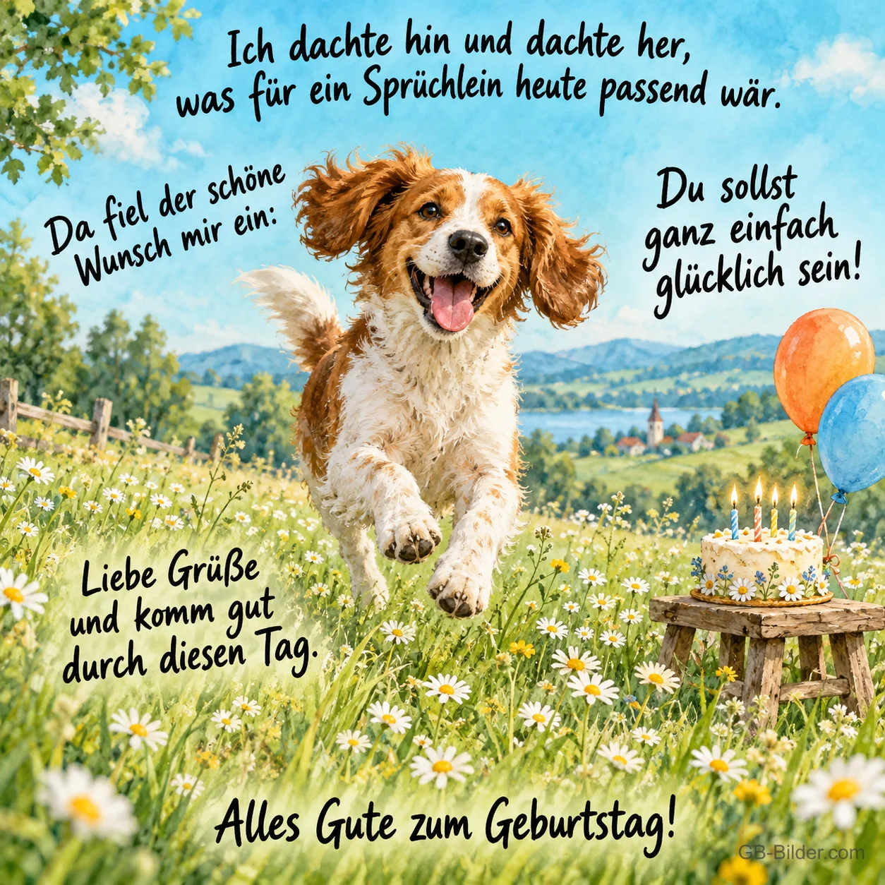 Spaniel springt fröhlich über eine Wiese mit Luftballons und Torte, Text: Ich dachte hin und dachte her, was für ein Sprüchlein heute passend wär. Da fiel der schöne Wunsch mir ein: Du sollst ganz einfach glücklich sein! Liebe Grüße und komm gut durch diesen Tag. Alles Gute zum Geburtstag!