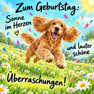 Cockerspaniel springt fröhlich durch eine Gänseblümchenwiese mit Konfetti, Text: Zum Geburtstag: Sonne im Herzen und lauter schöne Überraschungen!