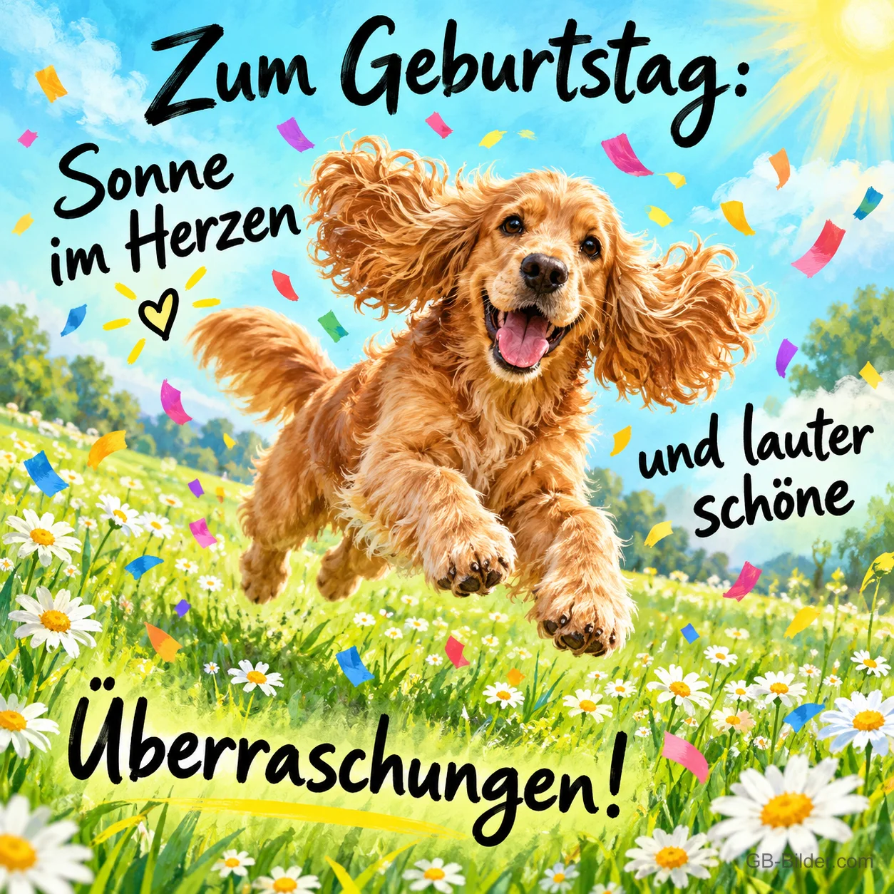 Cockerspaniel springt fröhlich durch eine Gänseblümchenwiese mit Konfetti, Text: Zum Geburtstag: Sonne im Herzen und lauter schöne Überraschungen!
