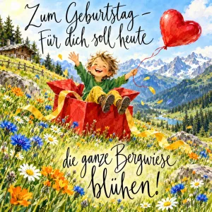 Lachender Junge sitzt in einem Geschenkkarton auf einer Bergwiese, Herzballon, Text: Zum Geburtstag – Für dich soll heute die ganze Bergwiese blühen!
