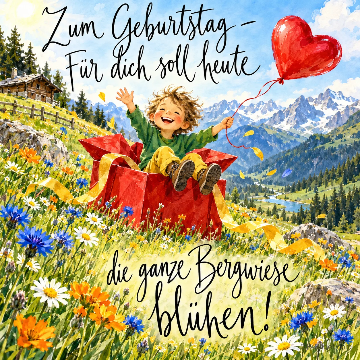 Lachender Junge sitzt in einem Geschenkkarton auf einer Bergwiese, Herzballon, Text: Zum Geburtstag – Für dich soll heute die ganze Bergwiese blühen!