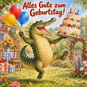 Krokodil mit Luftballons und Geburtstagstorte tanzt durch einen Garten, Text: Alles Gute zum Geburtstag!