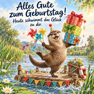 Otter mit Partyhut balanciert Geschenke auf einem Floß mit Windrädern, Text: Alles Gute zum Geburtstag! Heute schwimmt das Glück zu dir.