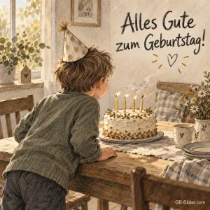 Kind mit Partyhut pustet Kerzen auf einer Torte aus, Text: Alles Gute zum Geburtstag!
