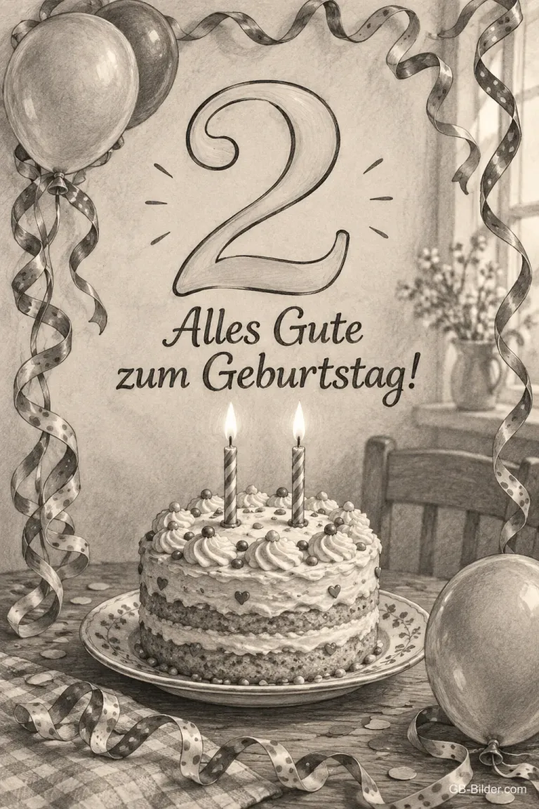 Große Zahl 2 über einer Torte mit zwei Kerzen, Text: Alles Gute zum Geburtstag!