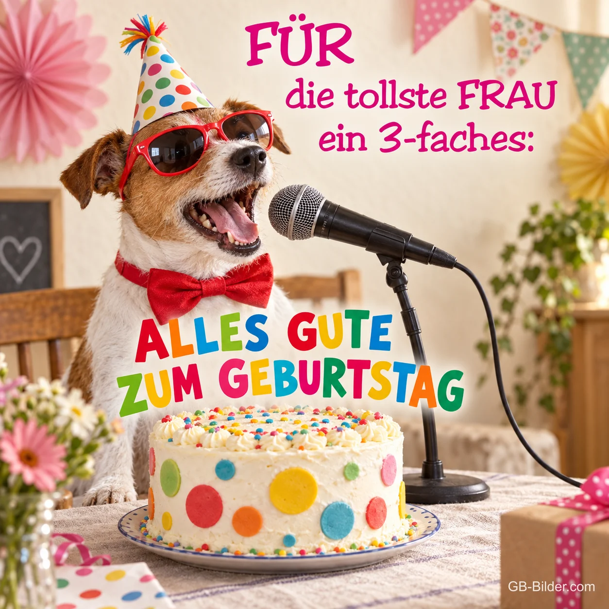 Jack Russell mit Partyhut und Sonnenbrille singt ins Mikrofon vor einer Torte, Text: FÜR die tollste FRAU ein 3-faches: ALLES GUTE ZUM GEBURTSTAG