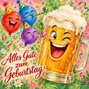 Zwinkernder Bierkrug mit lachenden Luftballons und Partyhüten, Text: Alles Gute zum Geburtstag