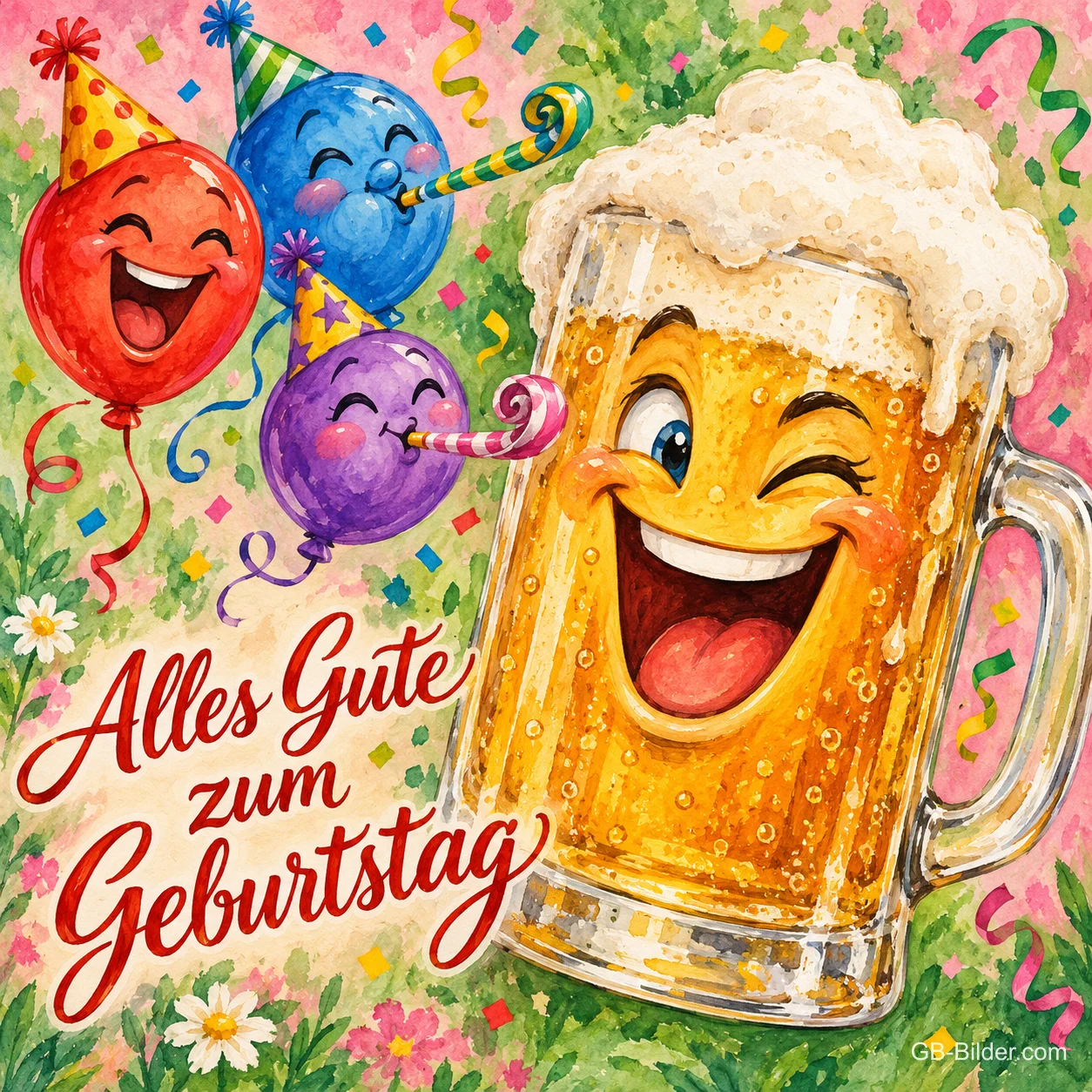 Zwinkernder Bierkrug mit lachenden Luftballons und Partyhüten, Text: Alles Gute zum Geburtstag