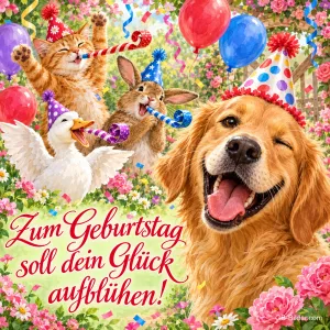 Golden Retriever, Katze, Hase und Ente mit Partyhüten und Tröten im Blumengarten, Text: Zum Geburtstag soll dein Glück aufblühen!